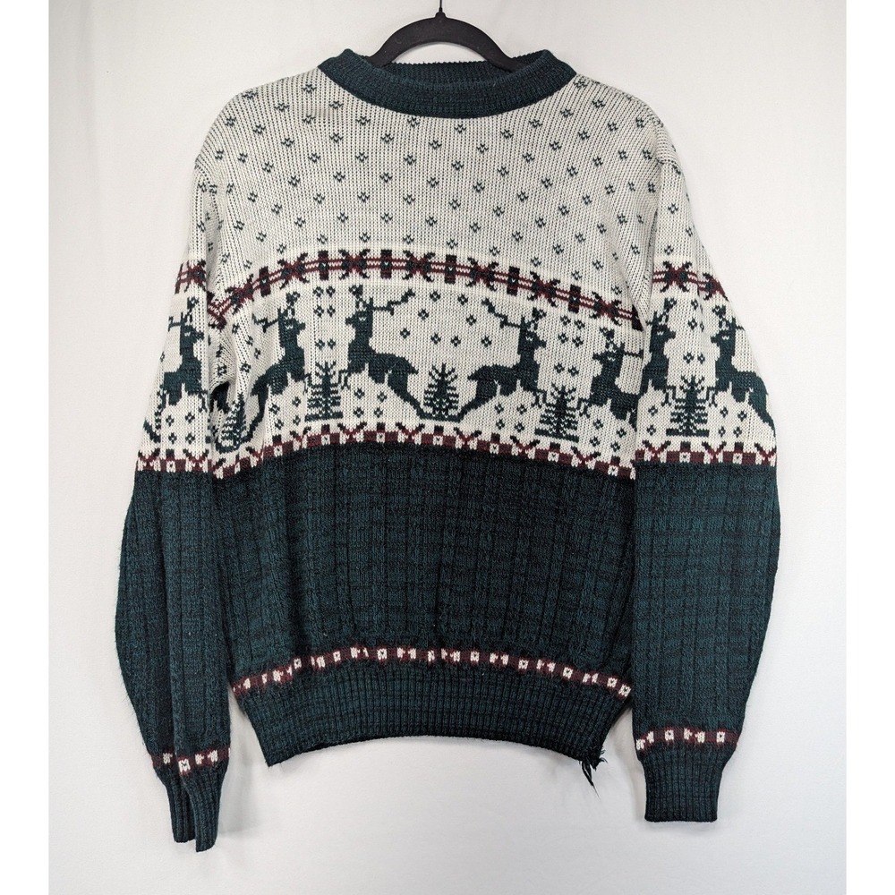 Vintage Fair Isle Reindeer Knit Sweater Forest Green White Nordic Holiday Mens M